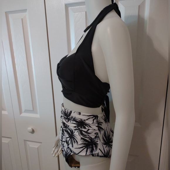 Tempt Me 2 Pc Halter Ruched High Waist Bikini Bottom White & Blk Palm trees 2 XL - Picture 3 of 10